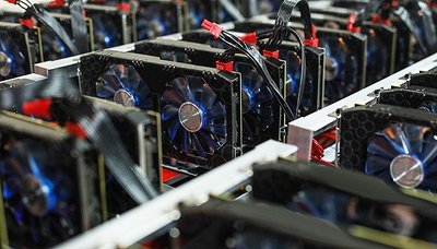 Expansive Canadian Bitcoin mining farm with rows of active miners